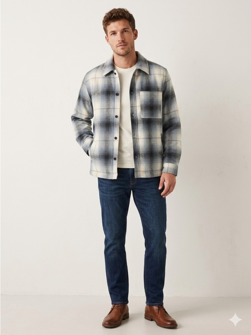 Zara Blue and White Sherpa Lined Plaid  Shacket